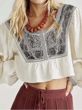 Free People Cream Crop Top with Black Embroidered Yoke